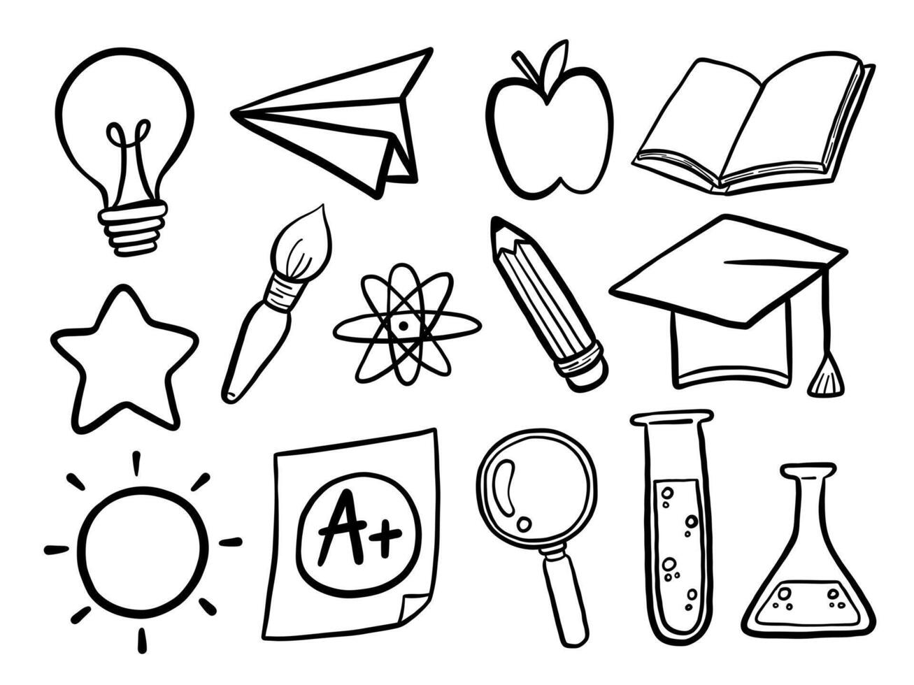 Hand Drawn School Education Doodle Icon. A playful collection of 14 school and science themed icons in bold hand drawn black outline style. Perfect for classroom educational content vector
