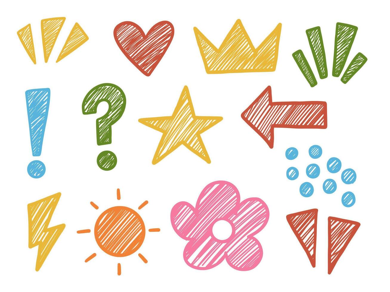 Hand Drawn Colorful Sketch Collection. A playful collection of 13 hand drawn sketch icons including hearts stars arrows punctuation symbols flowers in vibrant doodle style. Perfect for comics cards vector