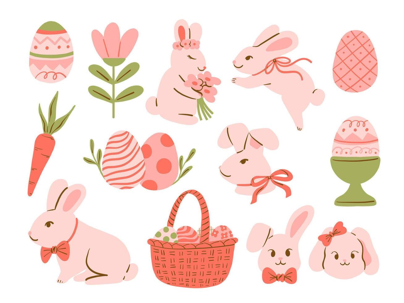 Easter bunnies and eggs collection vector