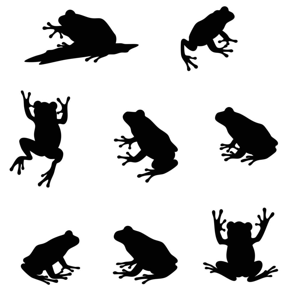Nine Frog Silhouettes Diverse Poses Amphibian Illustrations vector