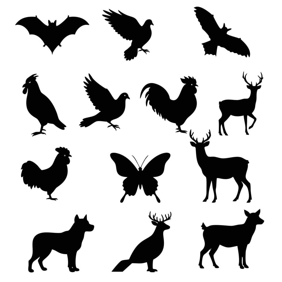 Wildlife silhouettes showing birds, bats, butterflies, deer, dogs and roosters, presented in detailed graphic design. vector