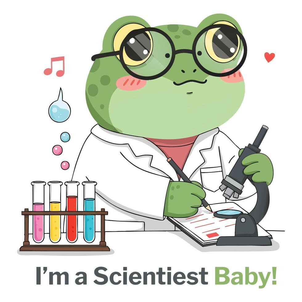 Adorable cartoon frog scientist in lab coat conducts experiment with microscope, cute and educational vector
