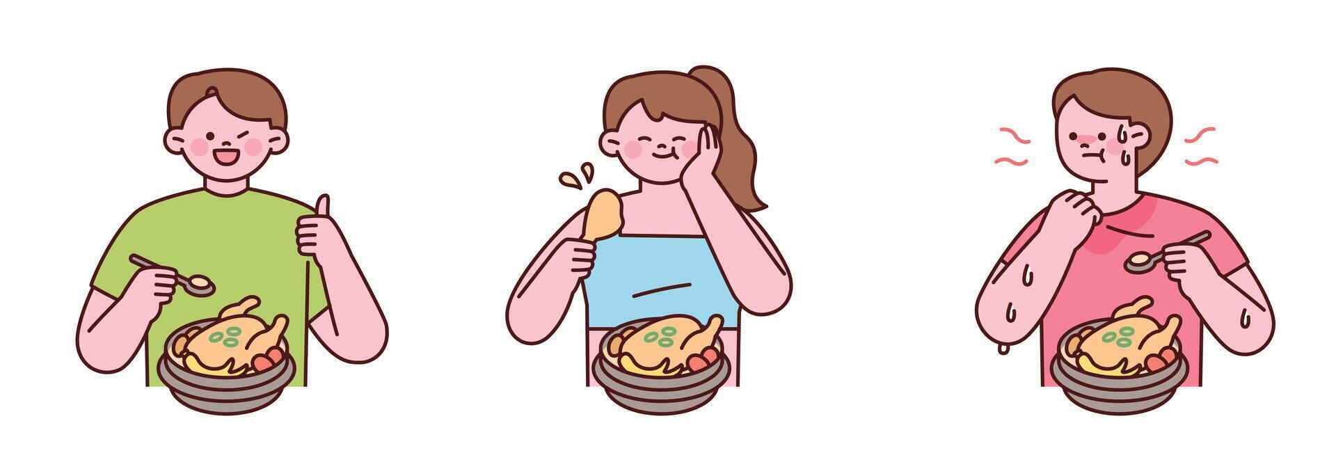 Three people eating food happily vector