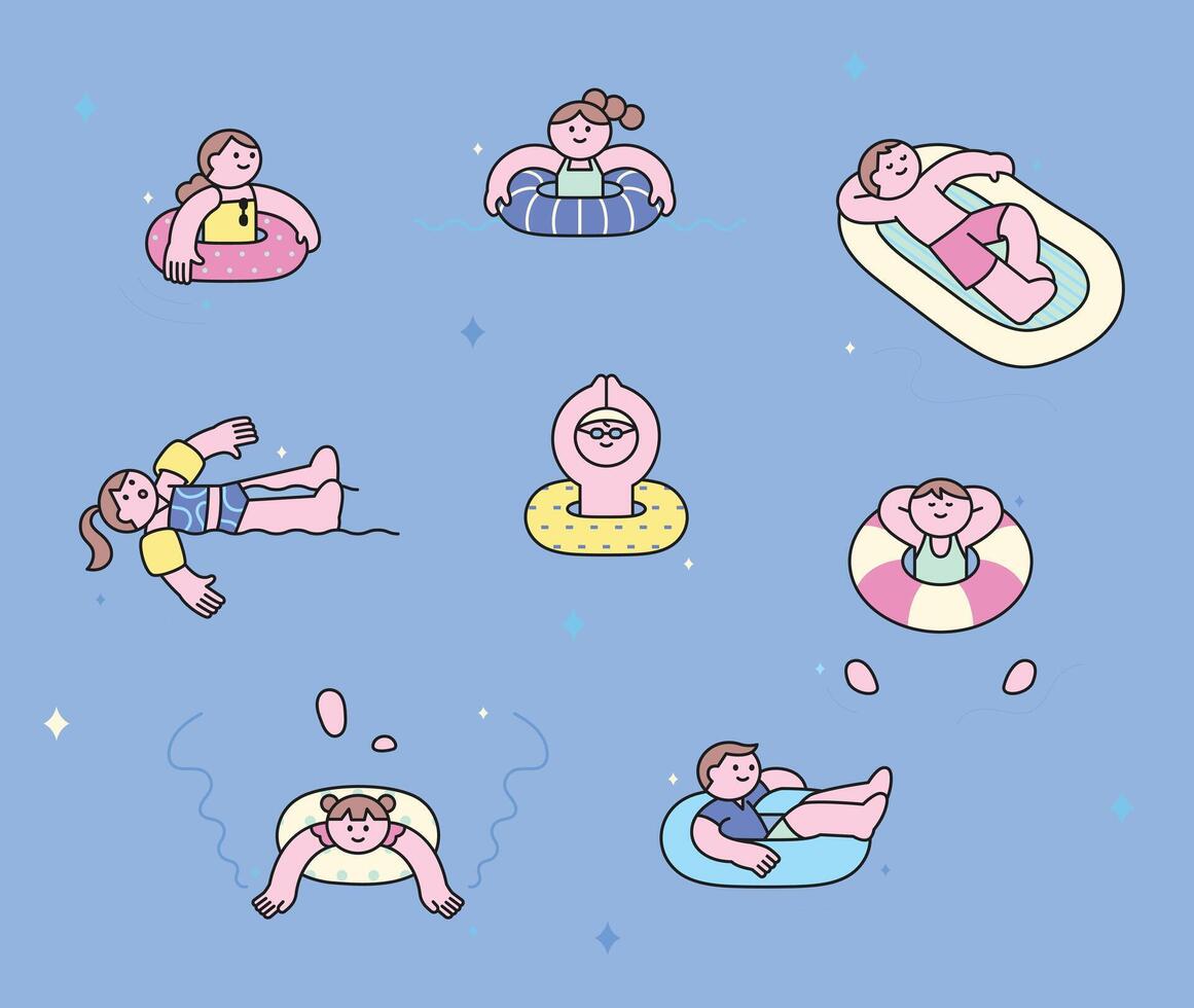 People swimming and relaxing in inflatable rings vector