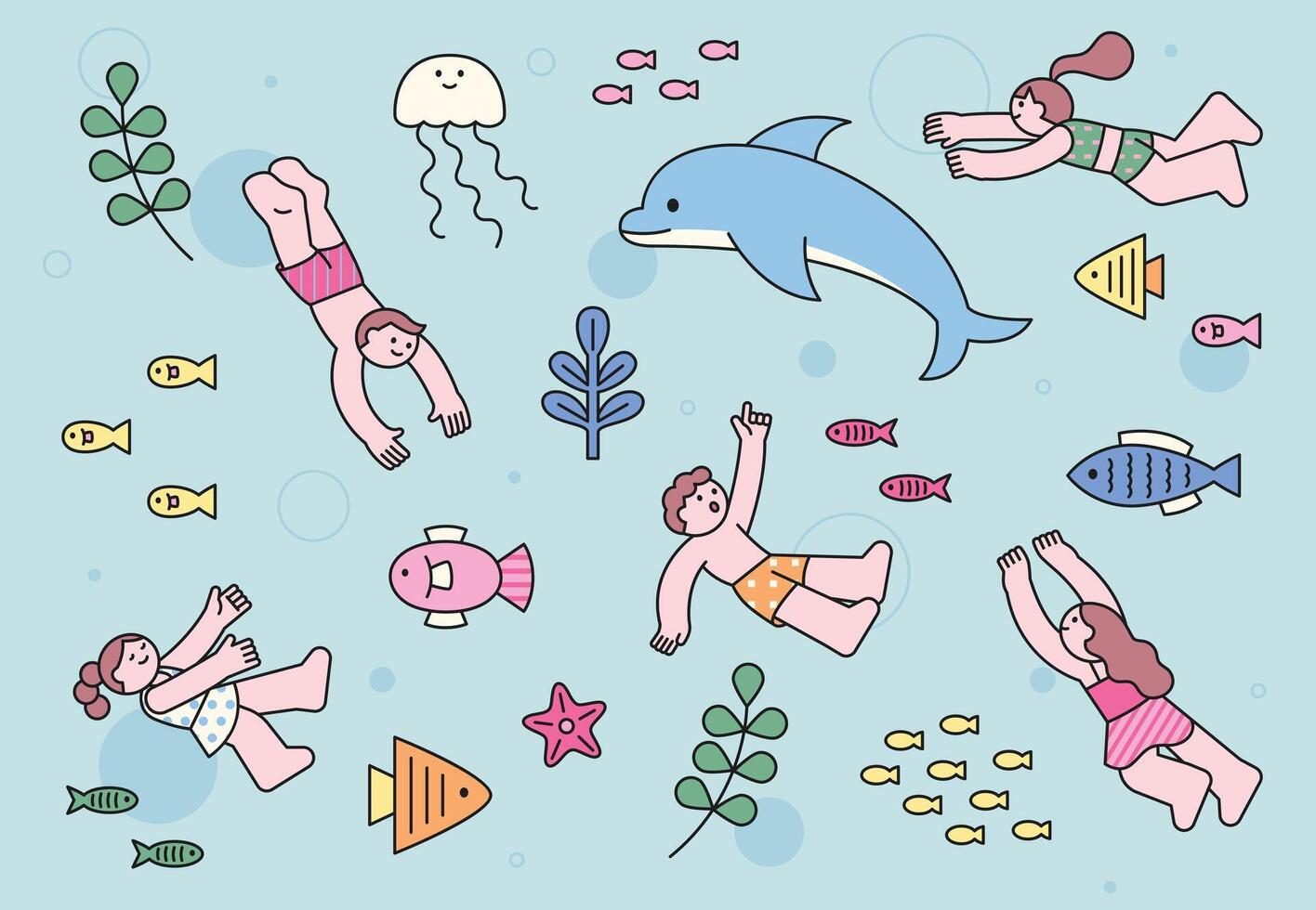 Kids swimming with dolphins and fish vector