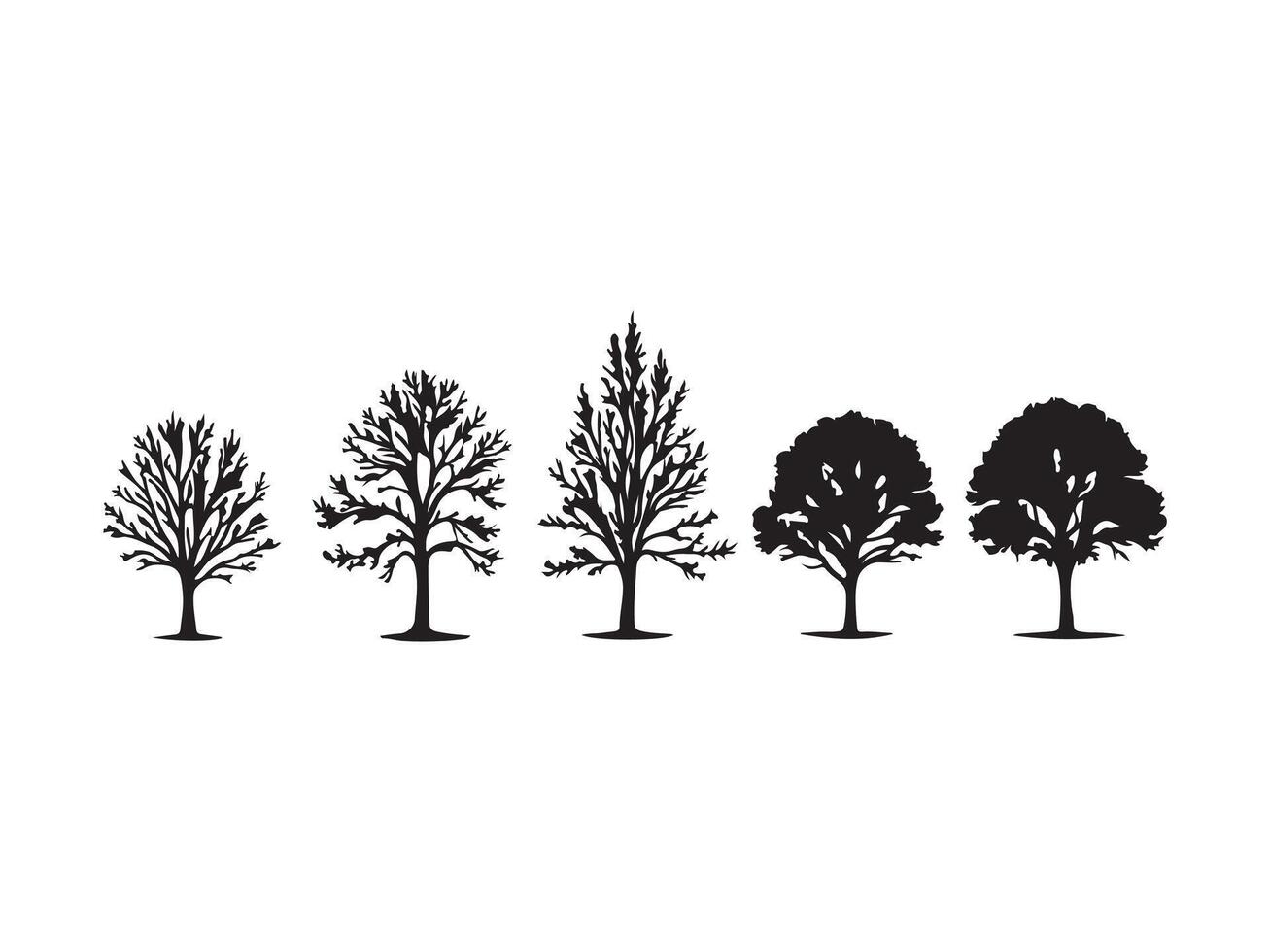 Five silhouette trees in different styles on a white background for graphic design projects vector