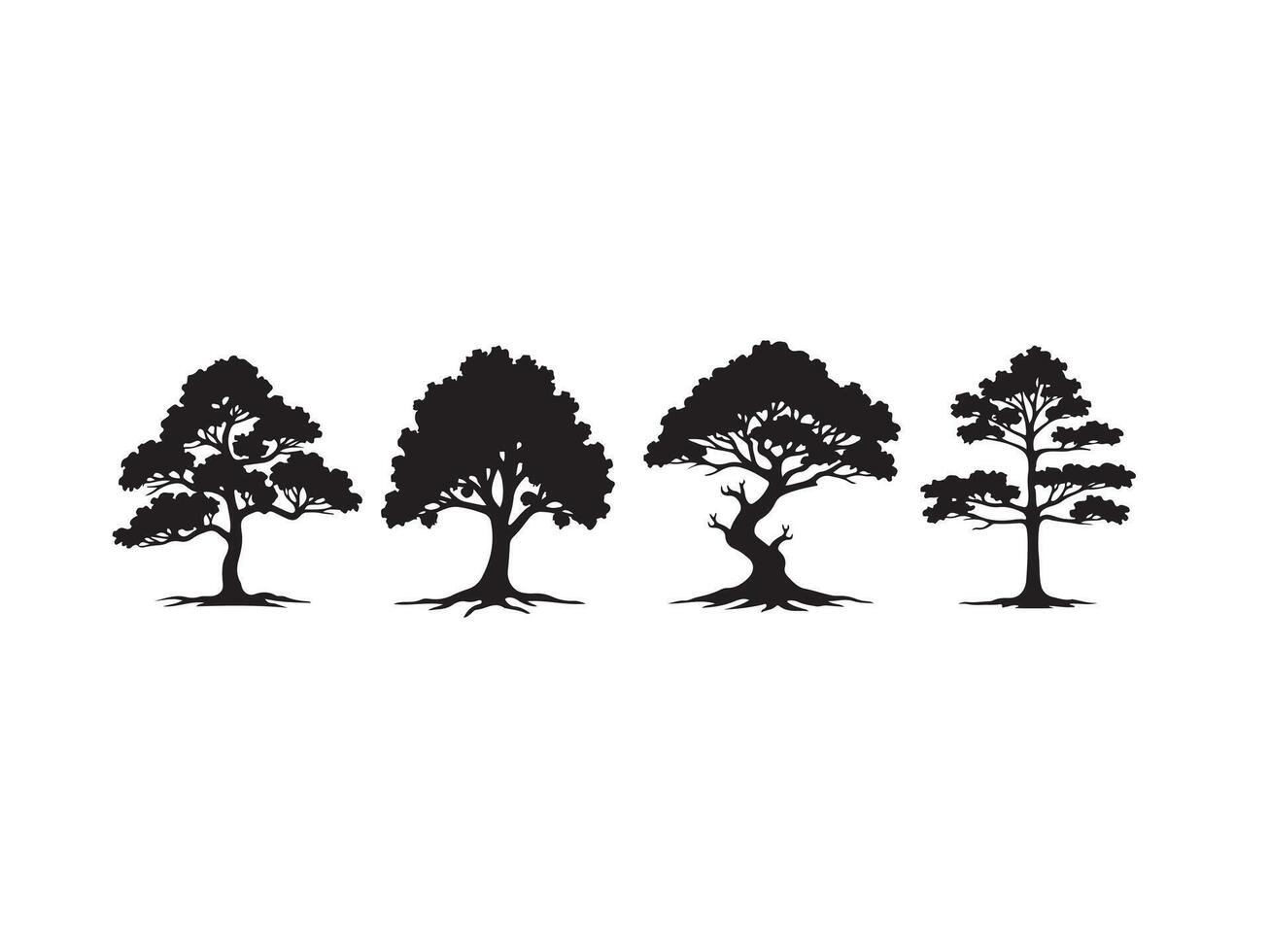 Four silhouetted trees of diverse shapes displayed against a clean white background for design. vector