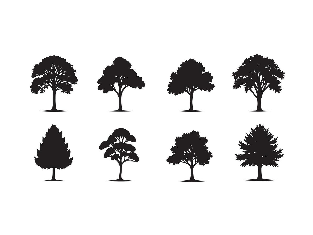 illustration of silhouetted trees showing various tree types and shapes with black color vector