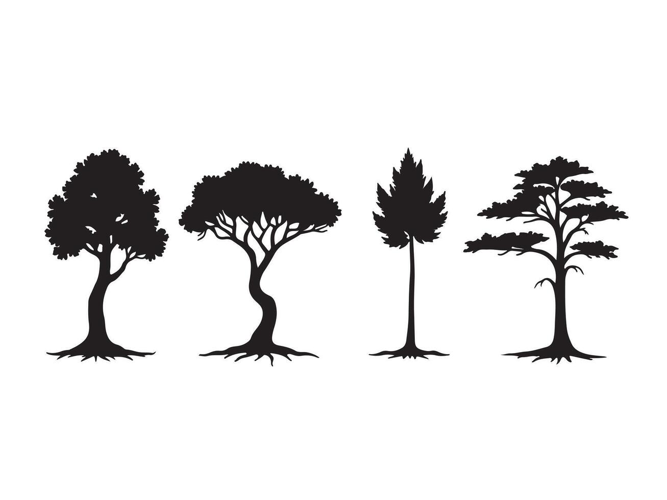 Black silhouette illustrations of diverse trees with various foliage types on white background vector