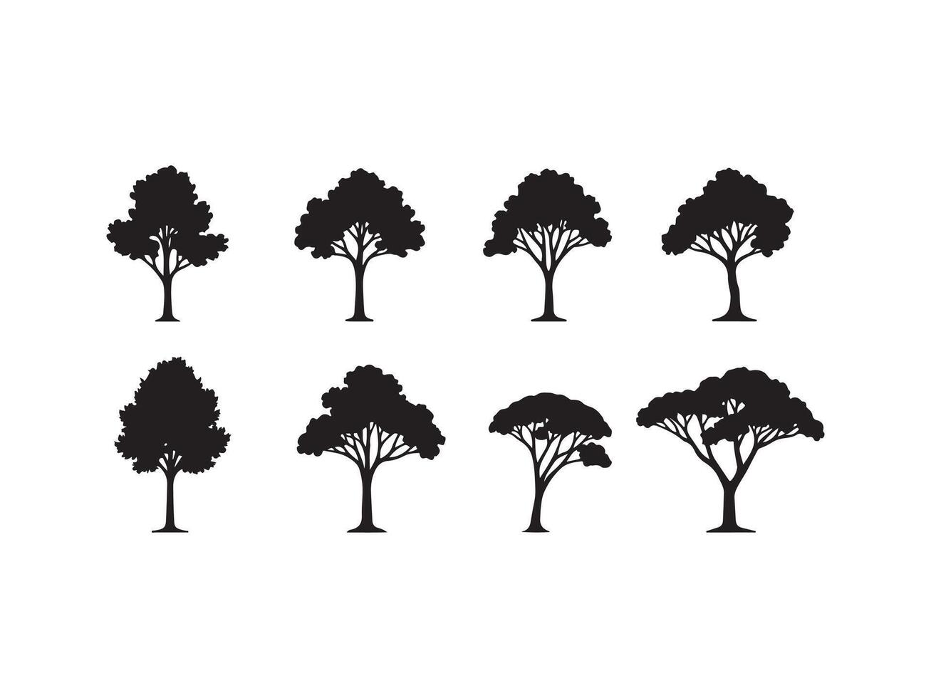 Collection of silhouetted trees depicting diverse leafy shapes in monochrome style vector