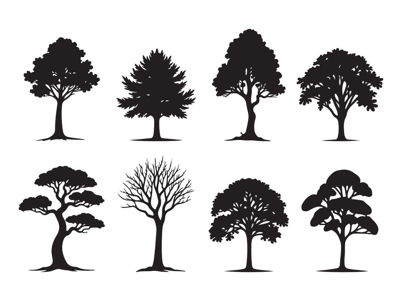 Collection of diverse silhouette trees in black and white for nature and design projects vector