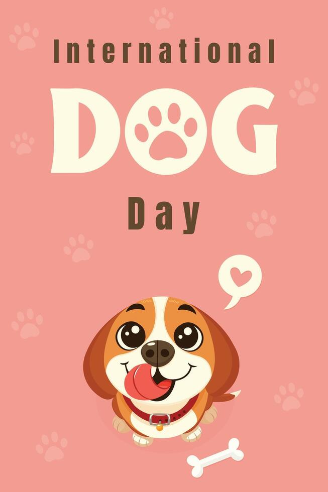International Dog Day Poster with Cute Puppy and Pink Background. vector