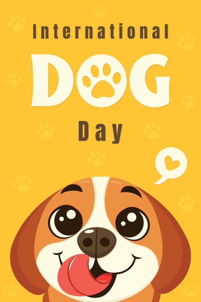 International Dog Day Poster with Smiling Puppy and Yellow Background. vector