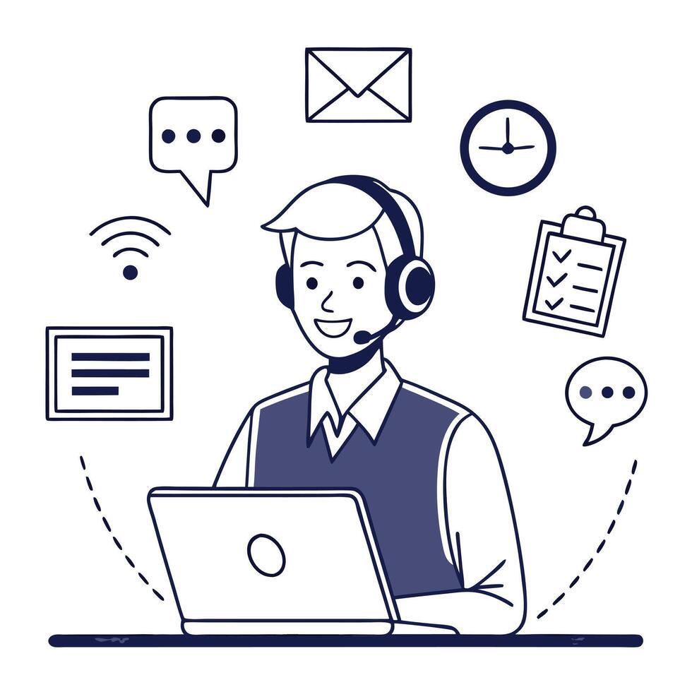 Call center service agent with laptop and phone icons vector