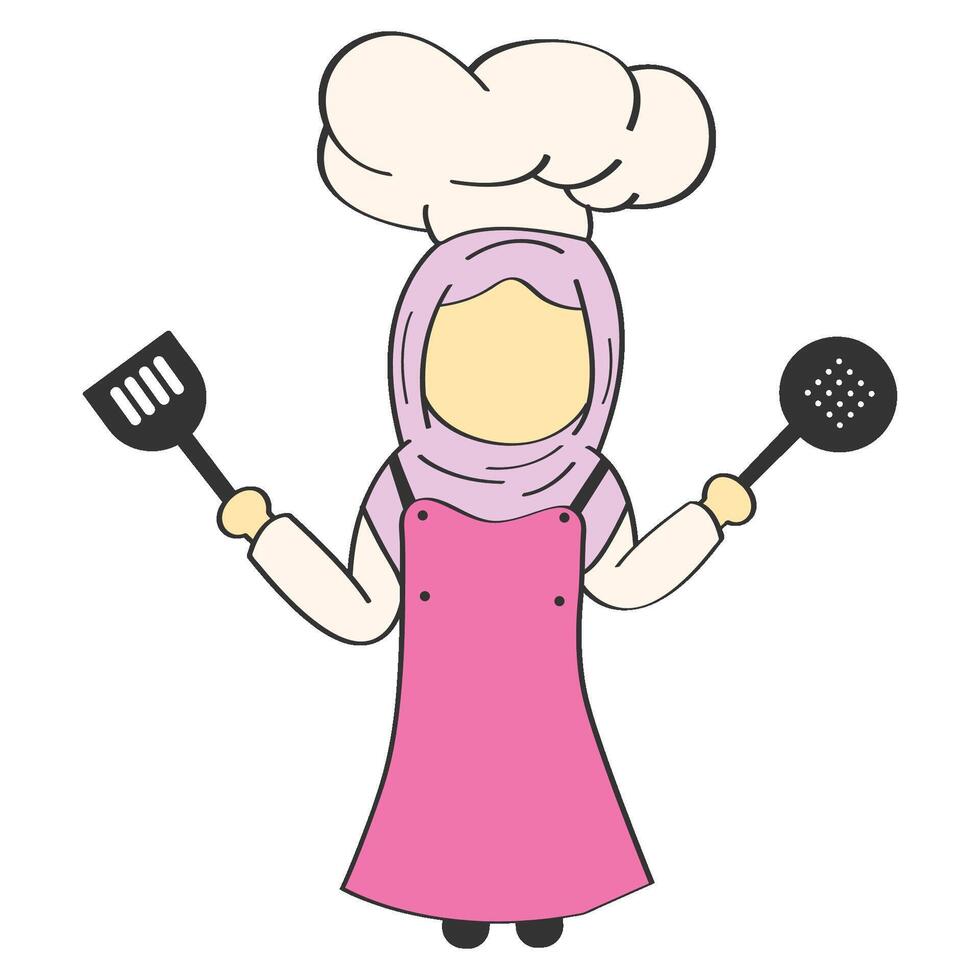 muslim woman in pink chef outfit holding a spatula and a spatula vector