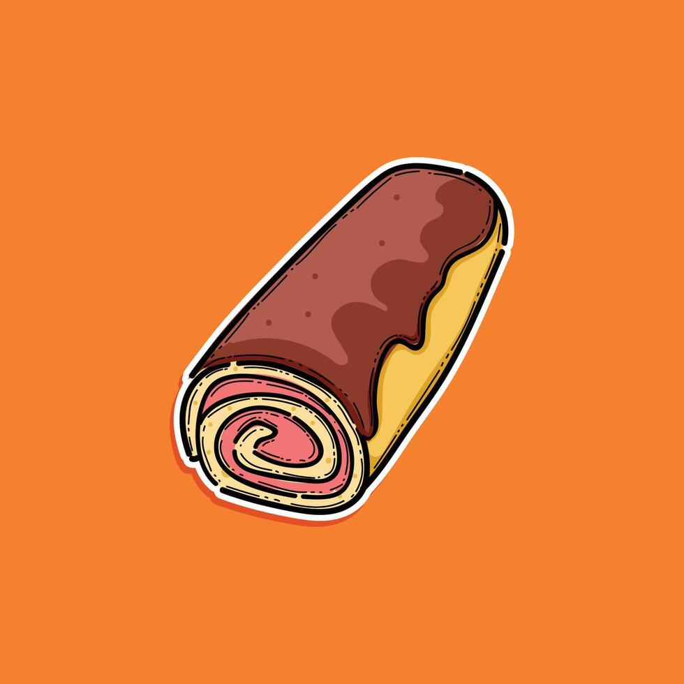 Illustrated Swiss Roll Cake with Chocolate Glaze on Orange Background vector