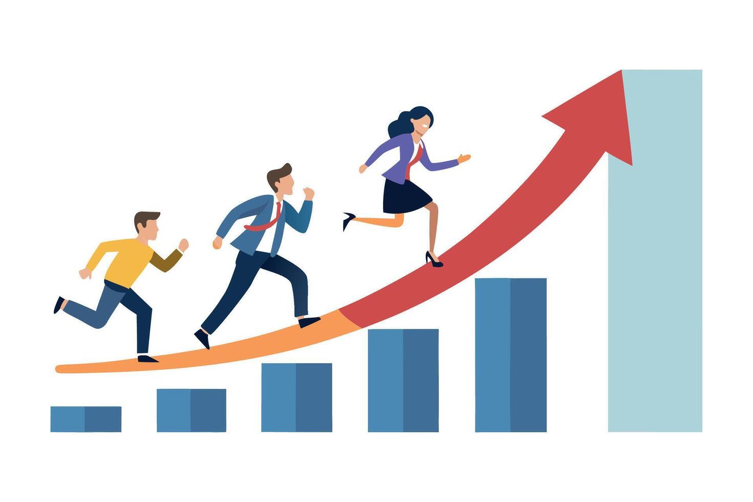 Businesspeople running upward on growth chart positive, ambitious, flat illustration. vector