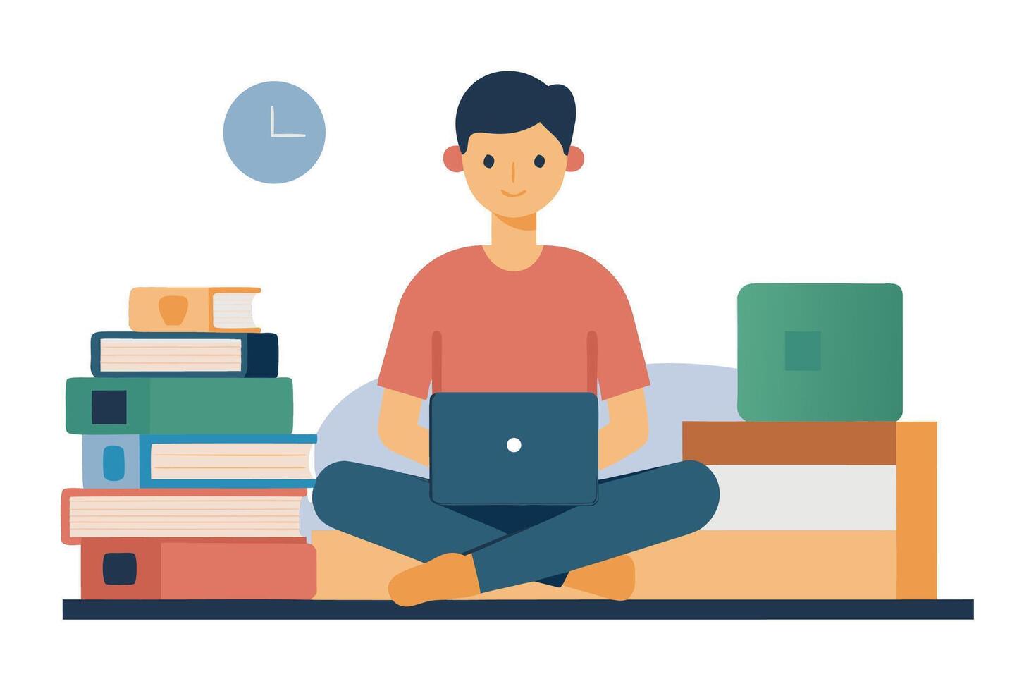 Young man studying online, laptop, books, relaxed pose, flat design, cheerful mood, home office. vector