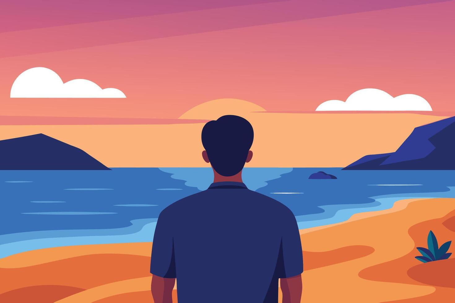 Man Contemplating Ocean Sunset Minimalist Beach Scene Serene Coastal View Back View Illustration vector