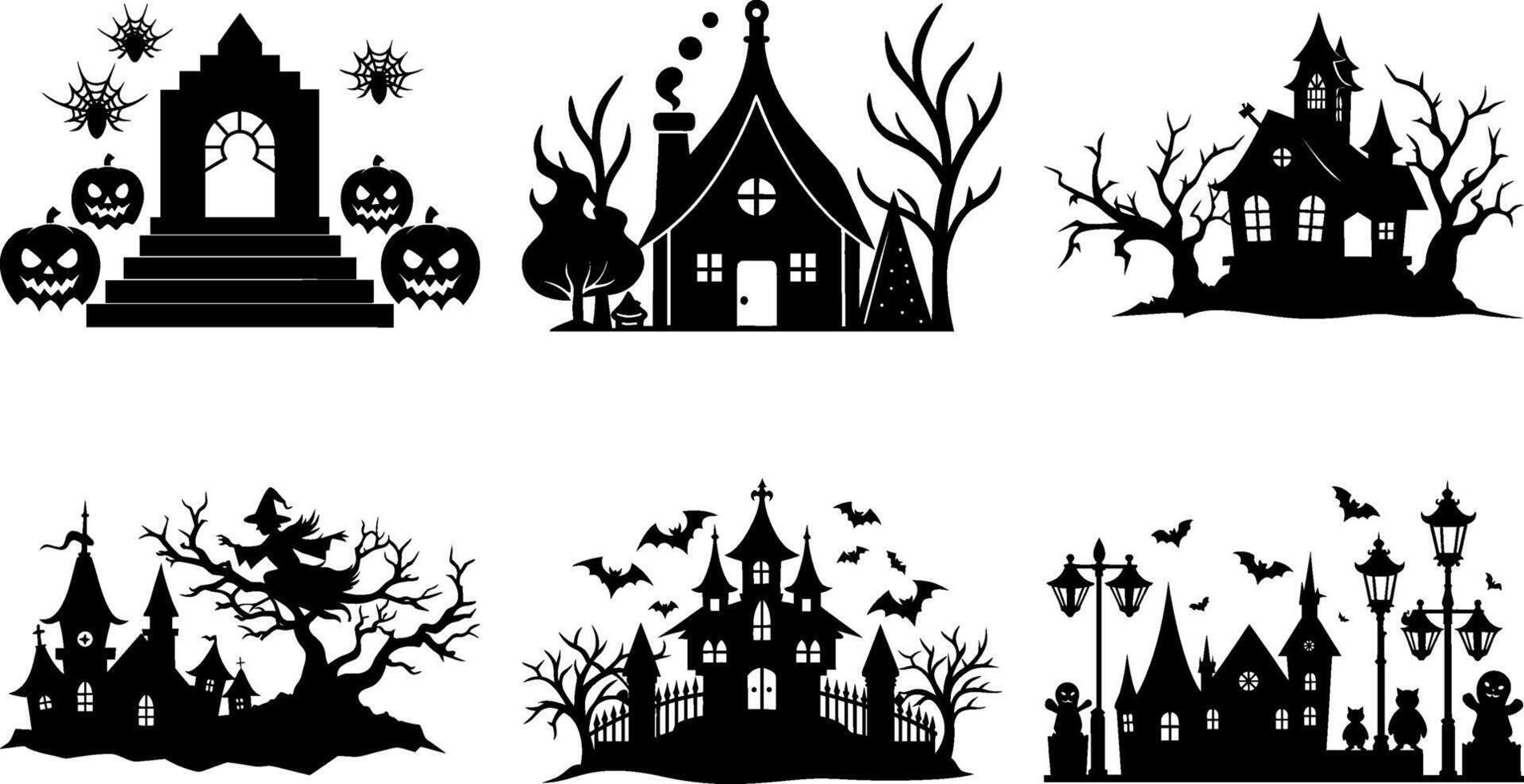 Spooky Halloween Silhouettes Haunted Houses, Bats, Carnival, and Creepy Trees Black and White Graphics. vector