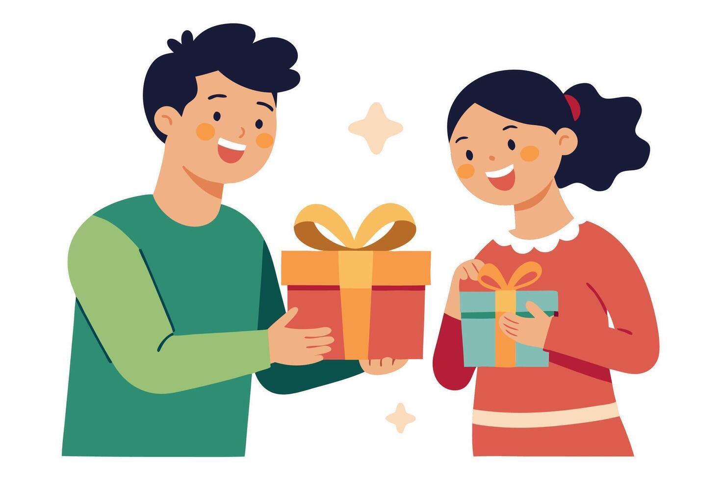 Joyful children exchanging gifts cheerful cartoon style illustration festive holiday mood. vector