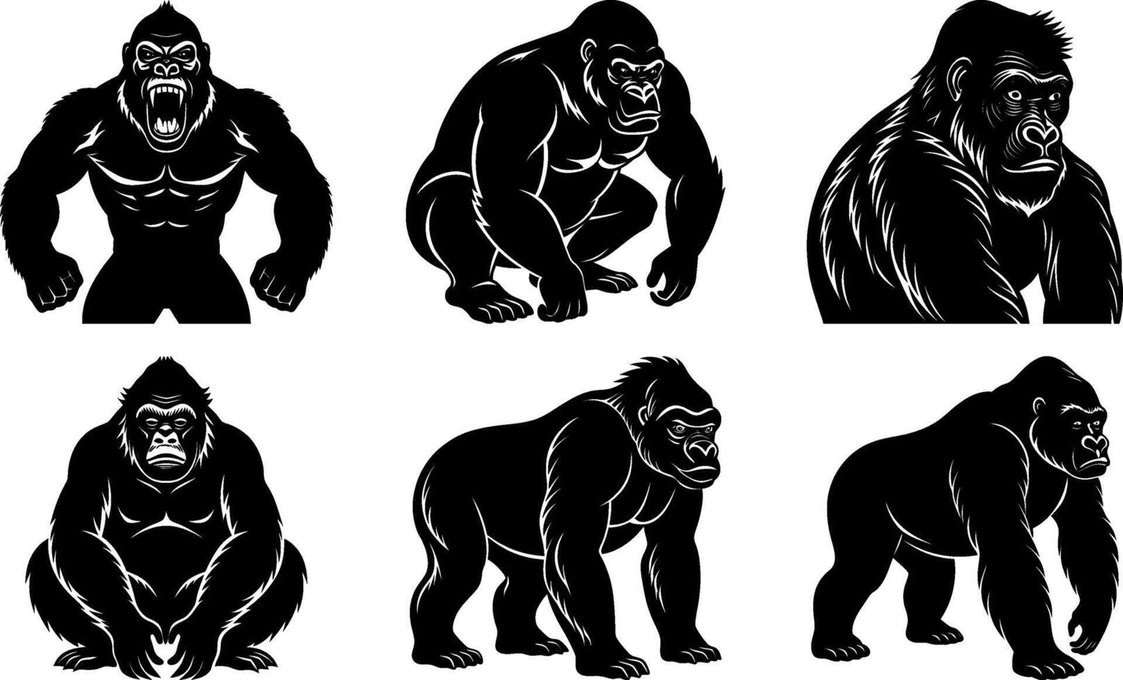 Gorilla Silhouette Collection Set and Editable Bundle for Jungle Illustrations, Wildlife Branding, and Educational Projects vector