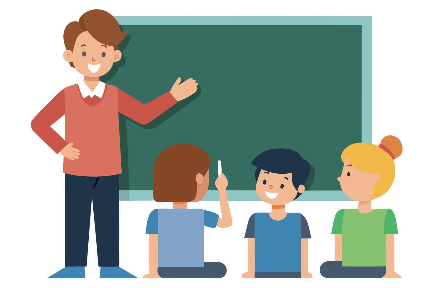 Happy teacher instructing diverse elementary school children at chalkboard cheerful classroom scene, flat illustration. vector