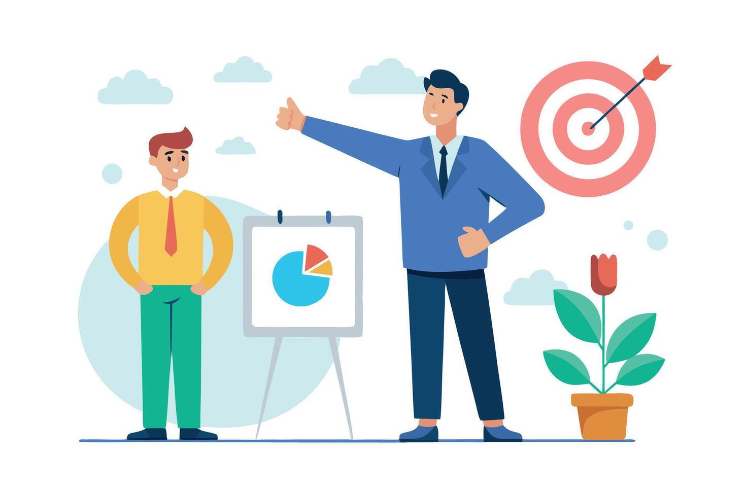 Businessmen Achieving Goals Positive Teamwork, Chart Presentation, Target Hit, Growth Concept Illustration. vector