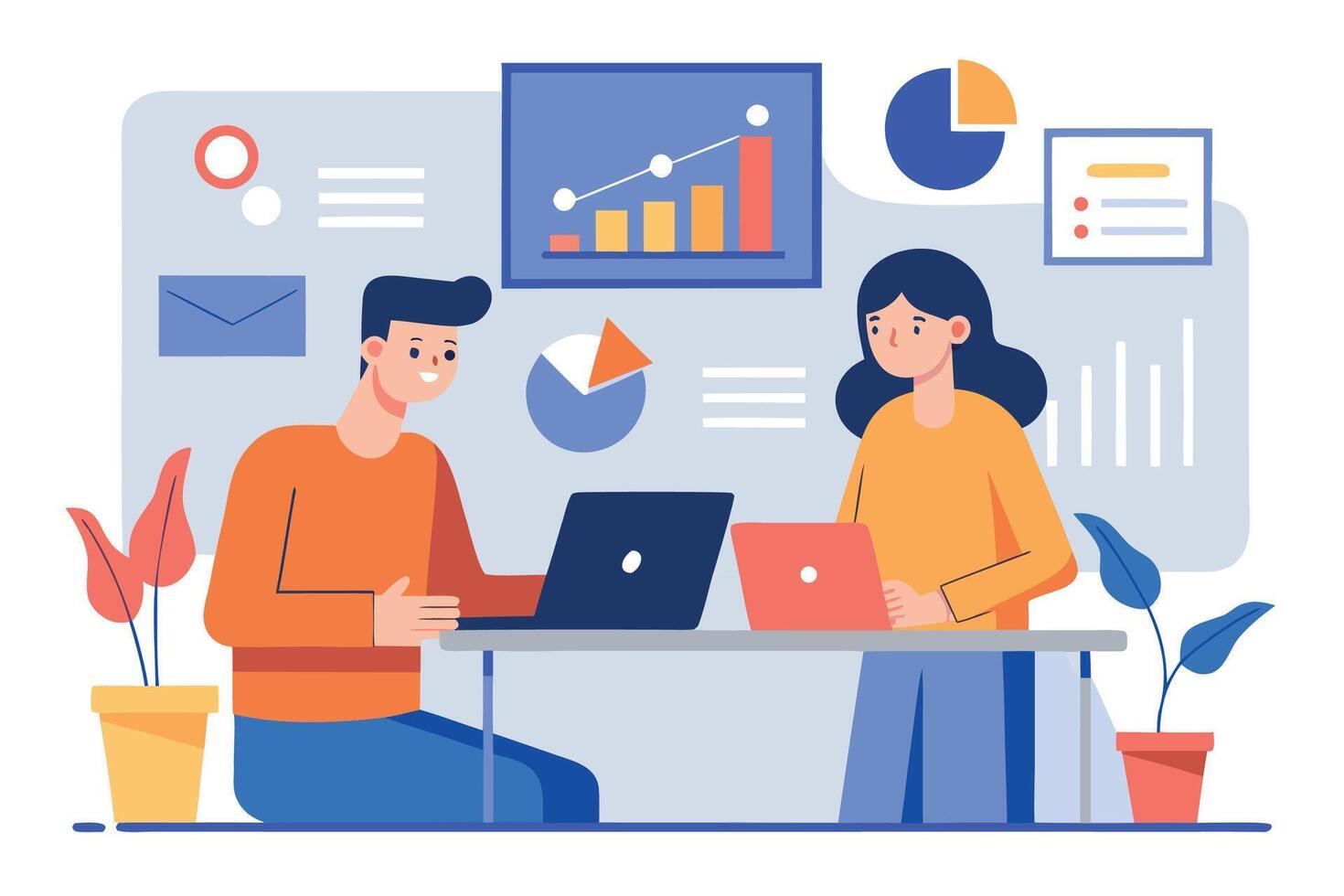 Happy colleagues collaborating on laptop computers, reviewing data charts and graphs, modern office workspace, flat design style. vector