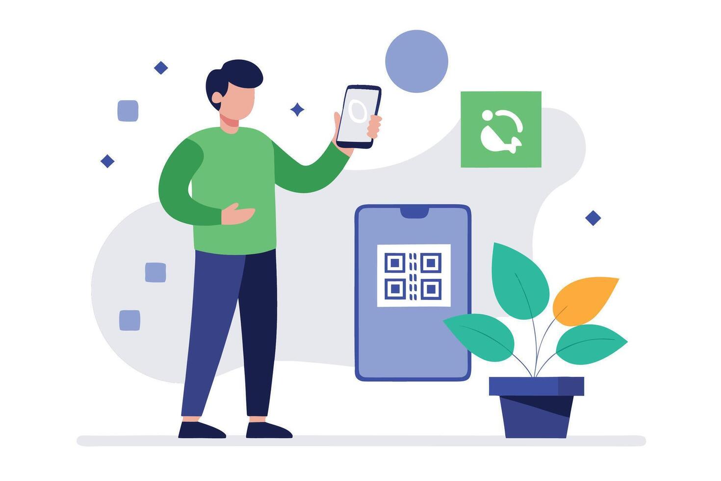 Man scanning QR code on smartphone, flat design, modern technology, digital lifestyle, simple illustration. vector