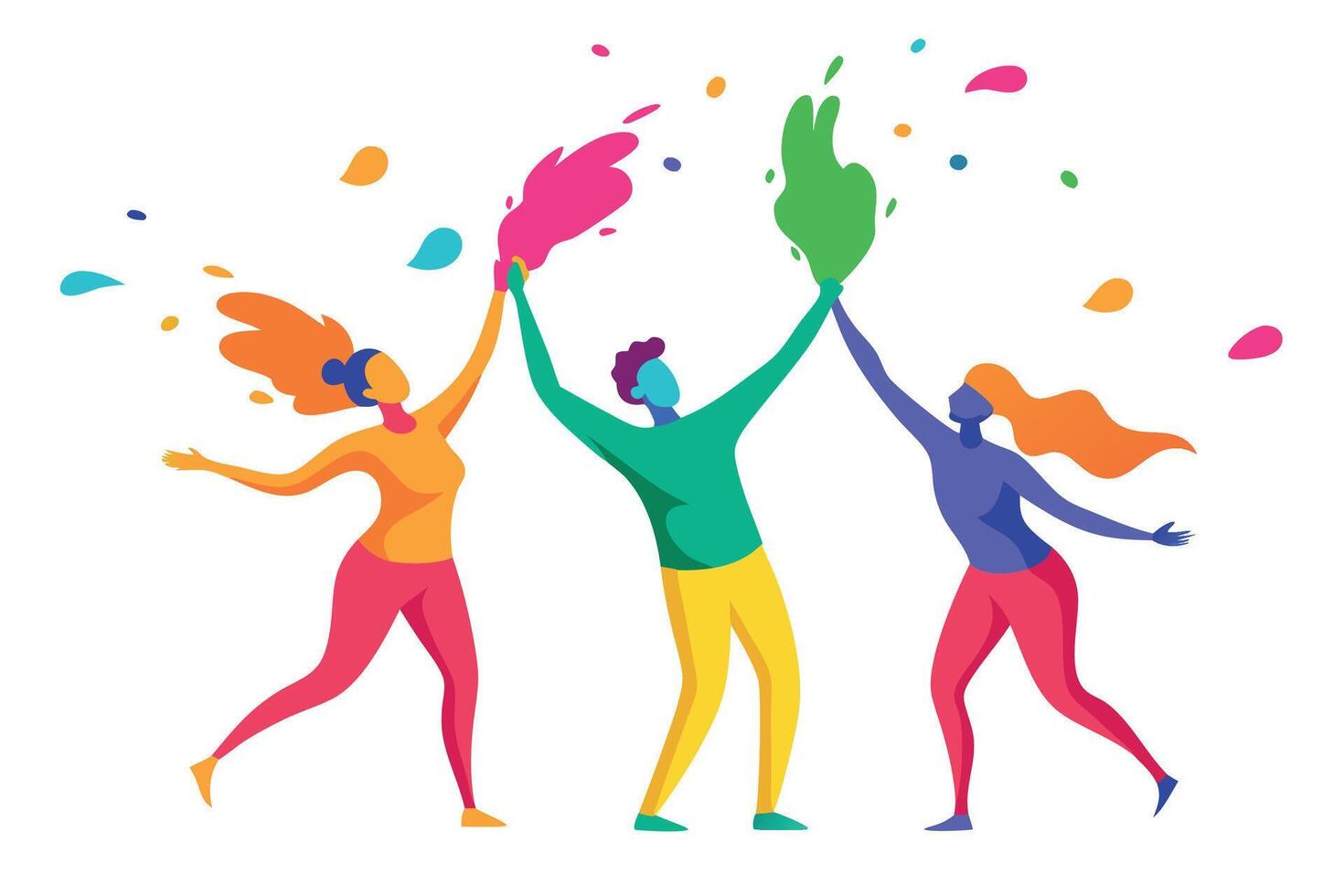 Joyful friends celebrating vibrant color splashes playful energetic flat design illustration vector
