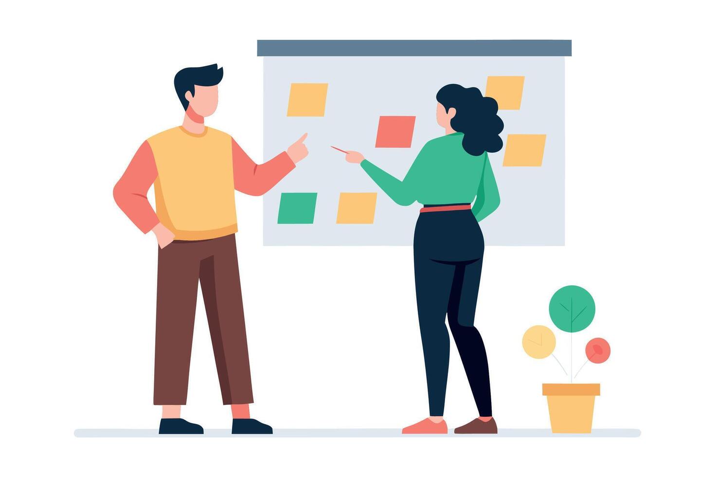Modern flat design illustration two colleagues collaborating on a project using sticky notes on a whiteboard brainstorming ideas teamwork concept. vector