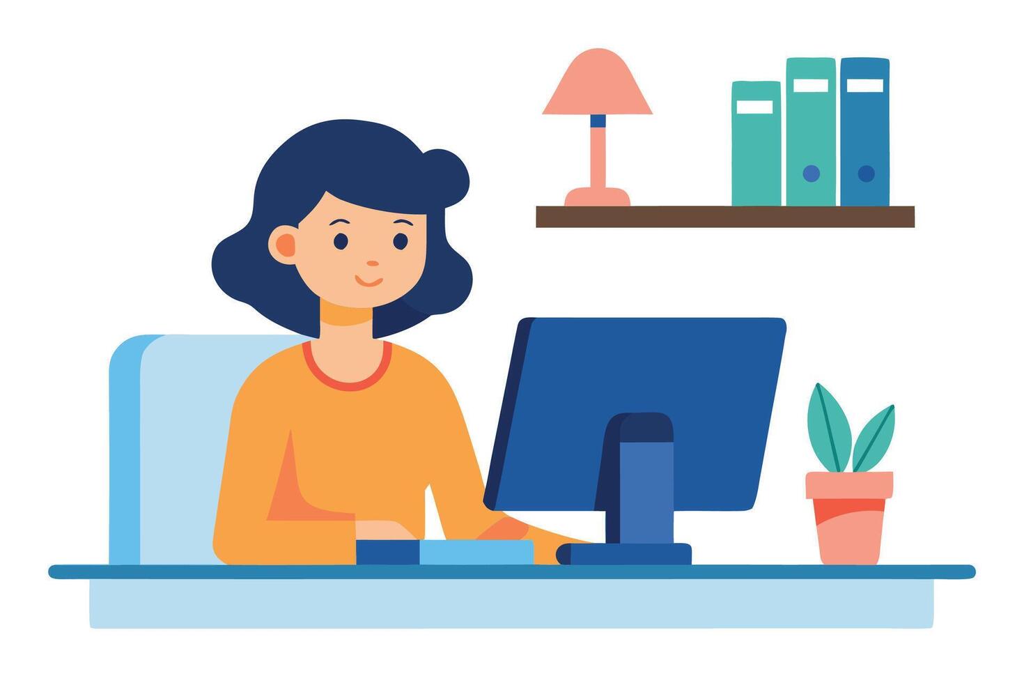 Happy young woman working from home office, computer, desk, plant, minimalist style illustration. vector