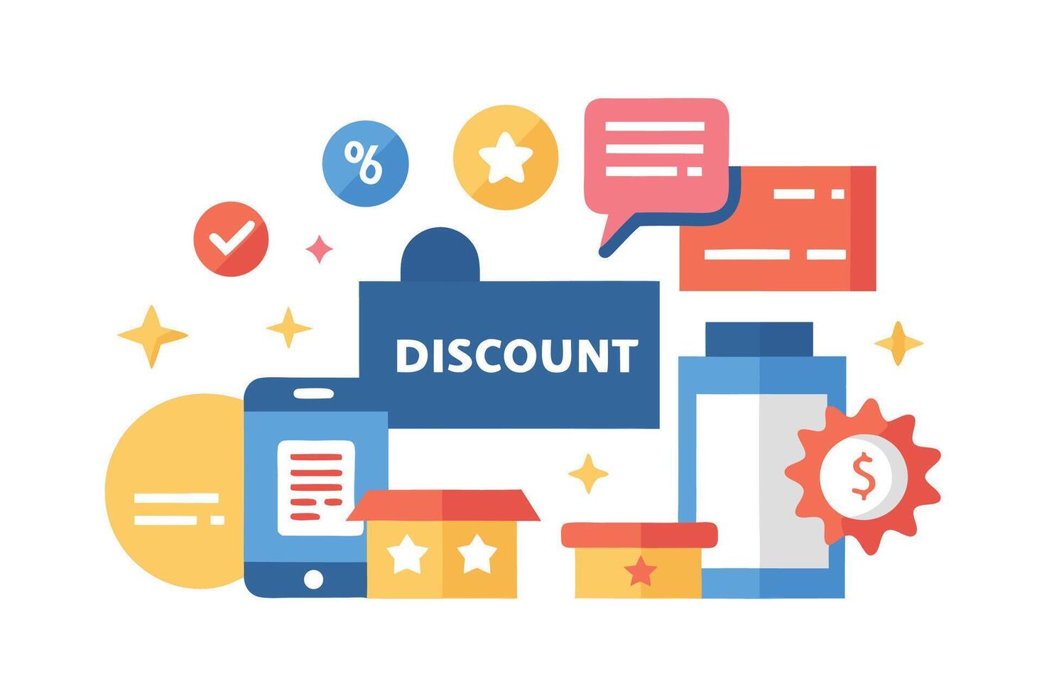 Online Discount Shopping Mobile App Flat Design Positive Mood Product Boxes Percentage Sign Stars Check Mark Dollar Award vector