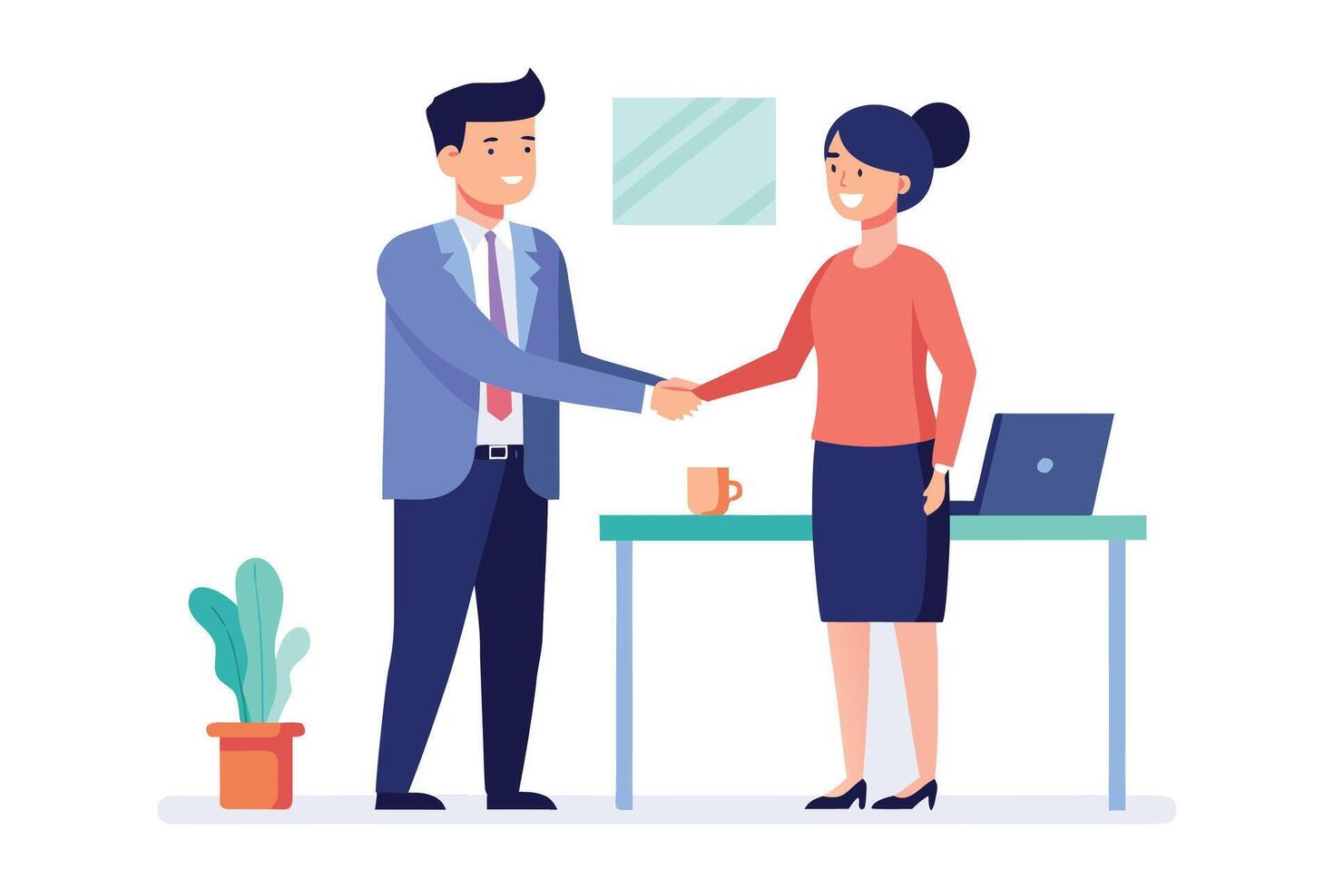 Smiling business colleagues shaking hands, modern flat design, positive professional atmosphere. vector