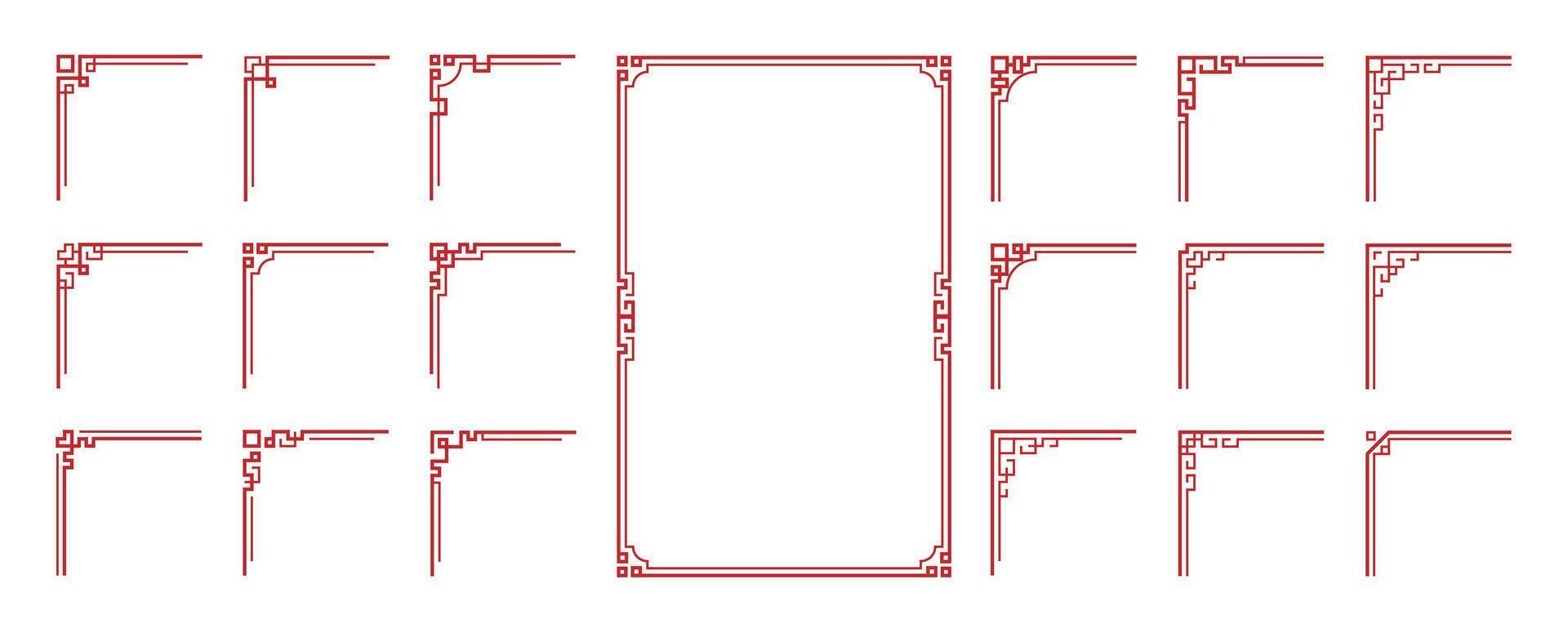 Chinese red pattern ornaments and asian oriental corner frames or geometric borders vector