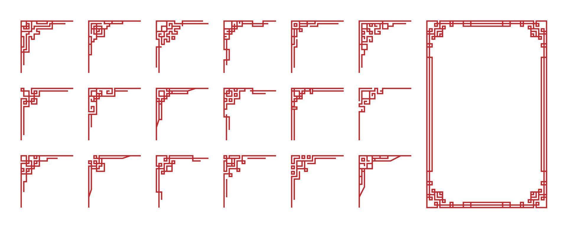 Chinese frame border line lunar new year red knot Asian art oriental decorative set vector