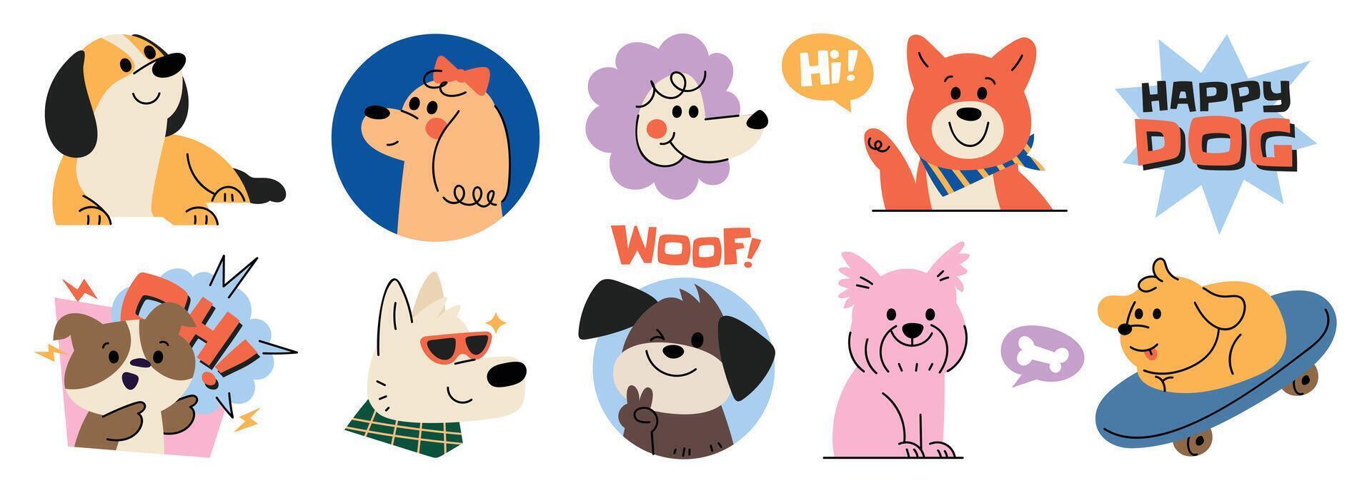 Colorful cartoon dogs with fun expressions vector