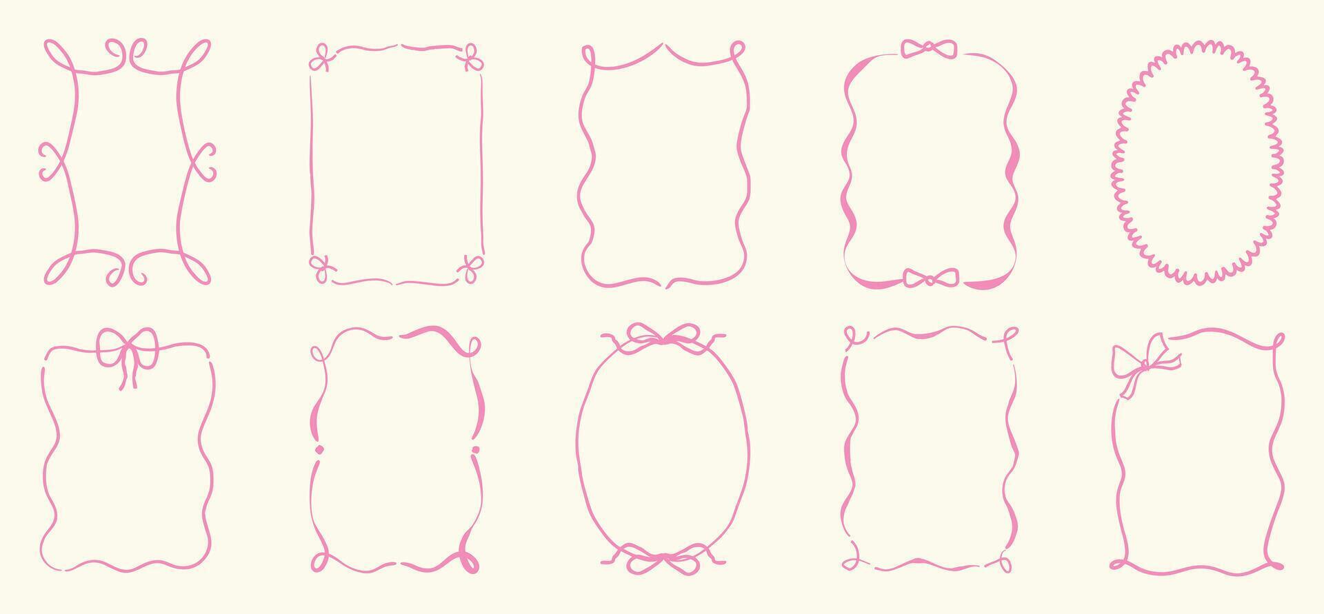 Pink Whimsical frame with wavy line, bows, ribbon. vector