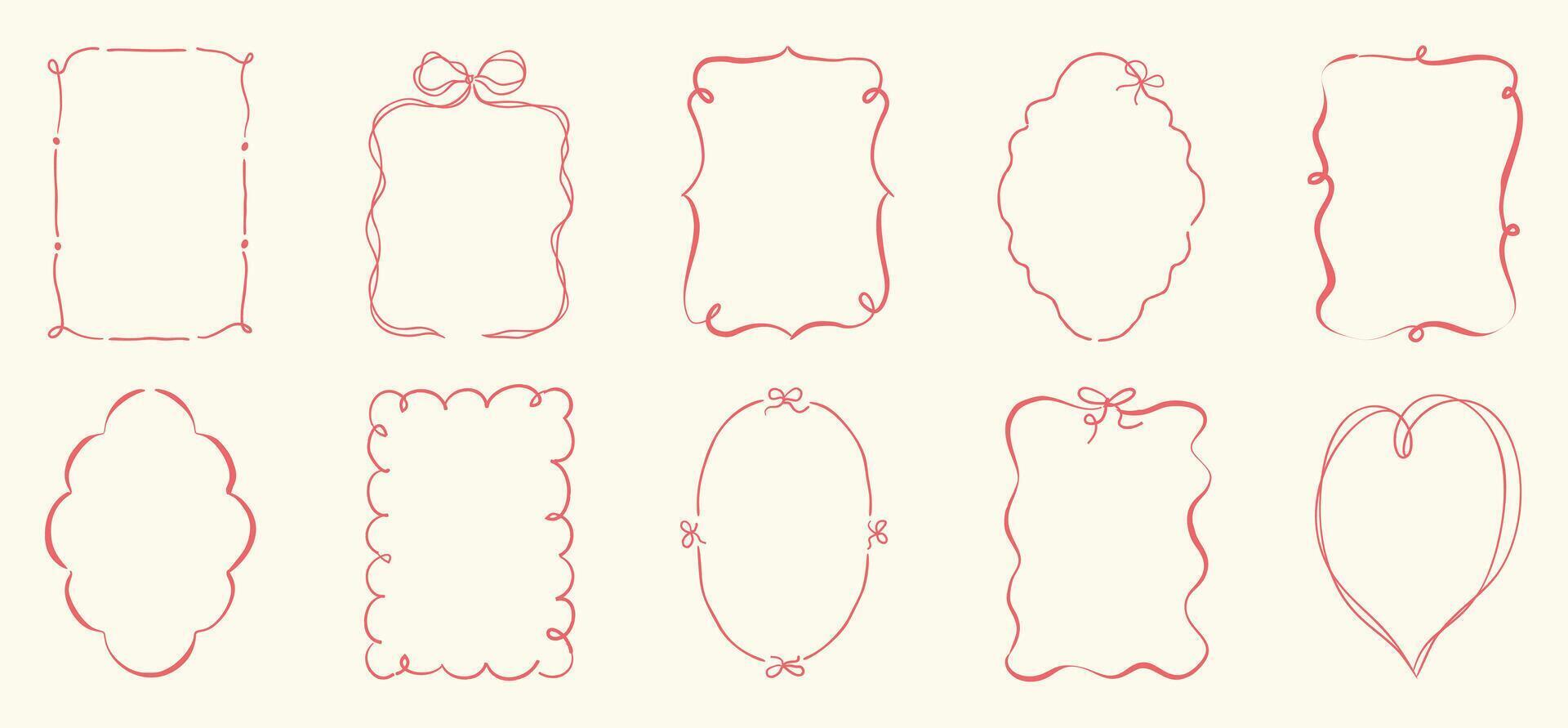 Set of doodle hand drawn oval frames with wavy lines, bows and ribbons. vector