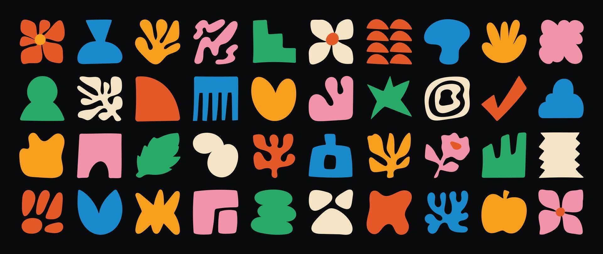 Collection of contemporary figure, cloud, flower, sparkle, geometric shape in funky groovy. Cute hippie design element perfect for banner, print, stickers. vector
