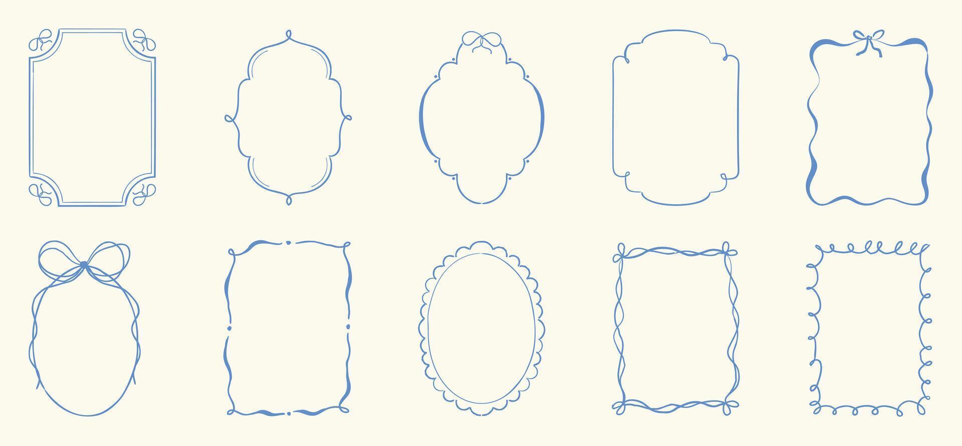 Cute blue hand drawn scribble ribbons cottage frames set. vector