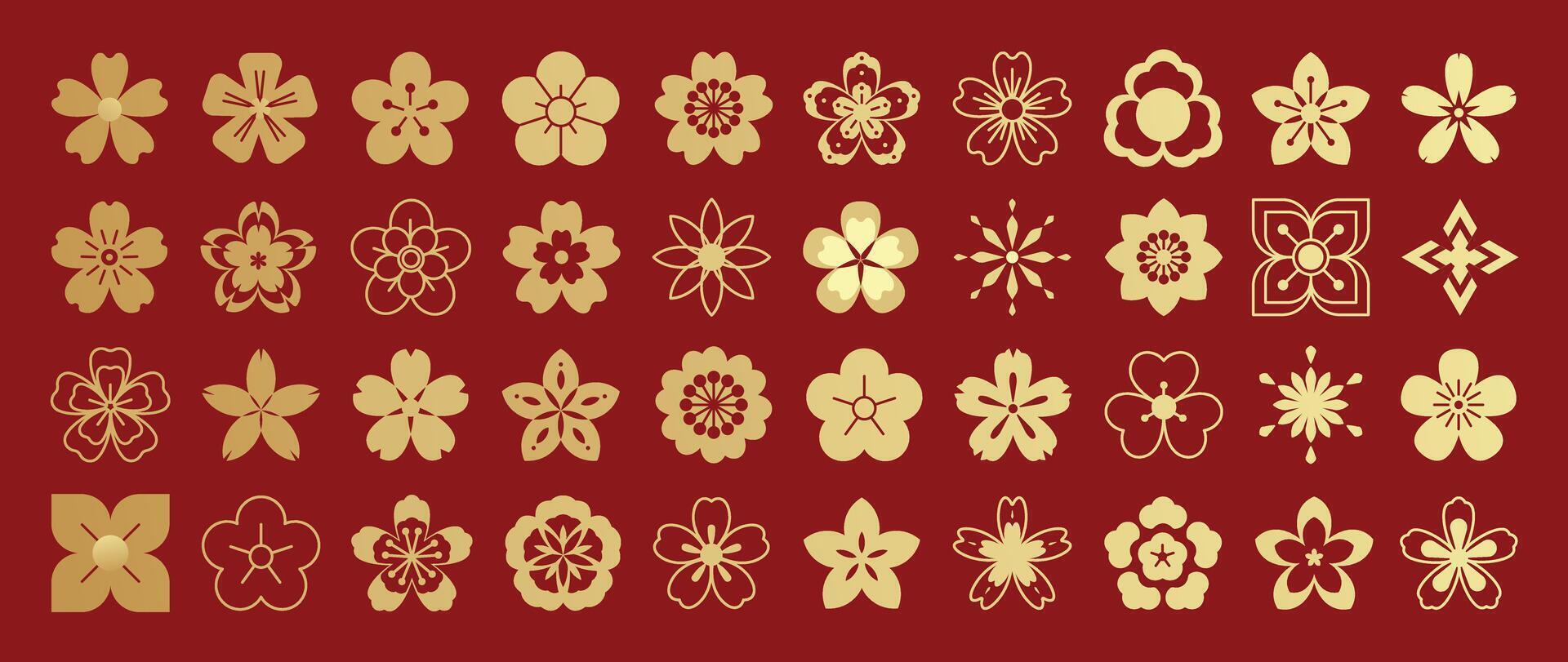 Golden flower icons on red background vector