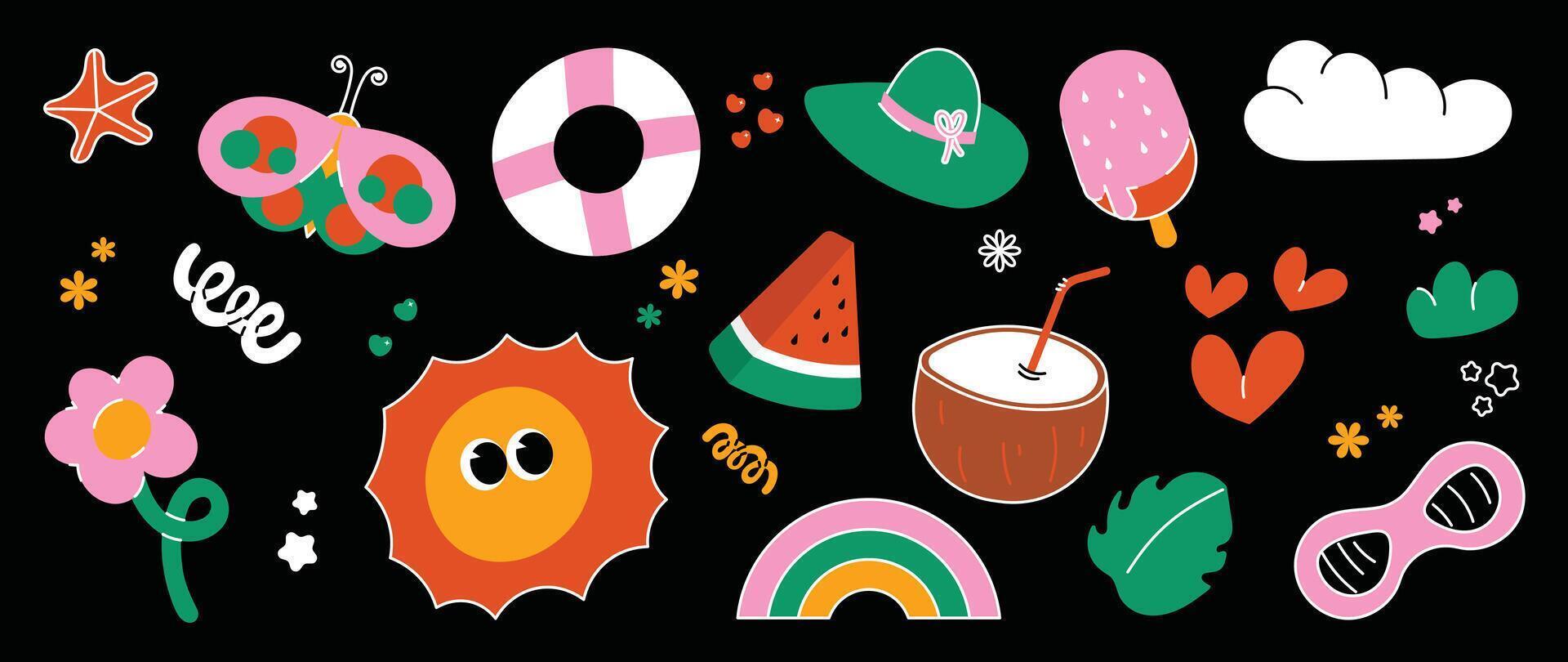 Set of funky groovy element . Collection summer of cartoon characters, cute doodle dawn, sun, flower, butterfly, coconut, eyeglass, cloud, ice cream. Design for decorative, sticker, kids. vector