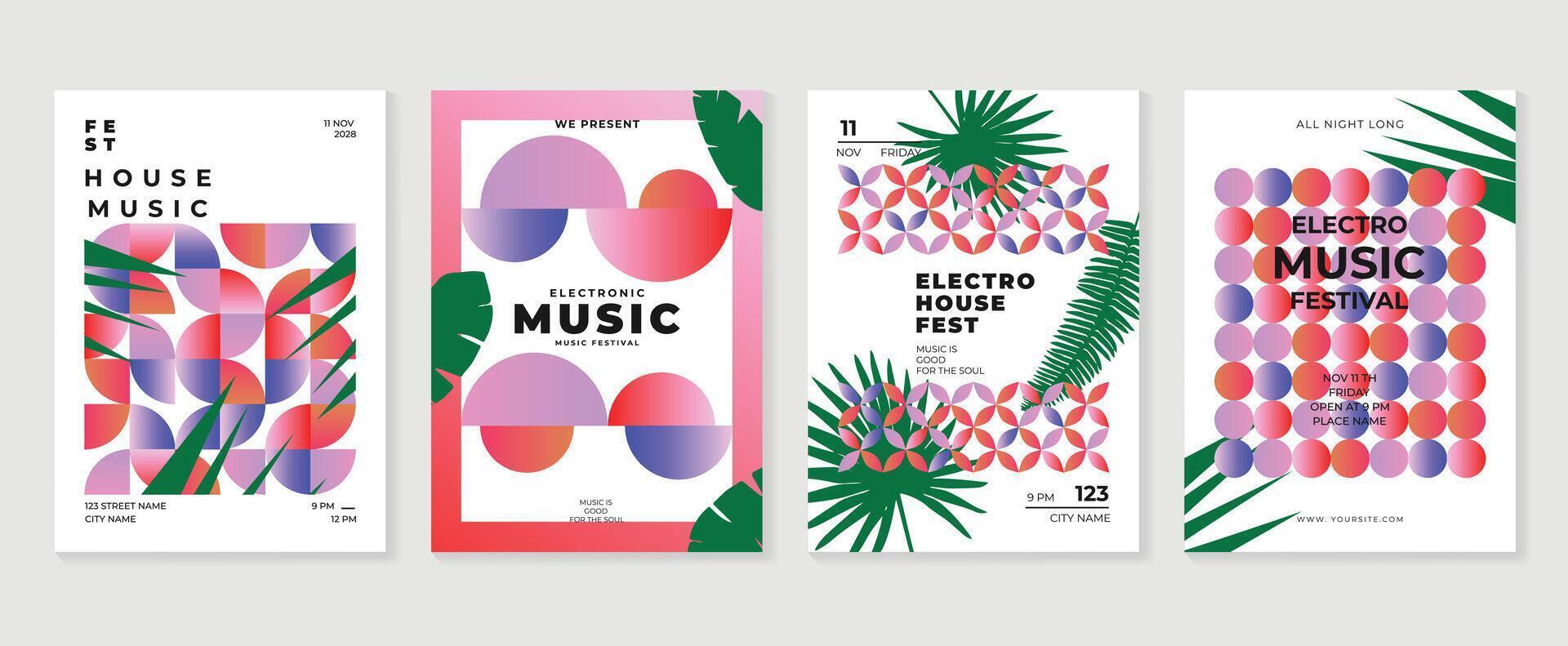 Electro Sound Cover template with vibrant abstract gradient geometric shape, line wave, tropical leaf. Design for social media, party, music festival. vector