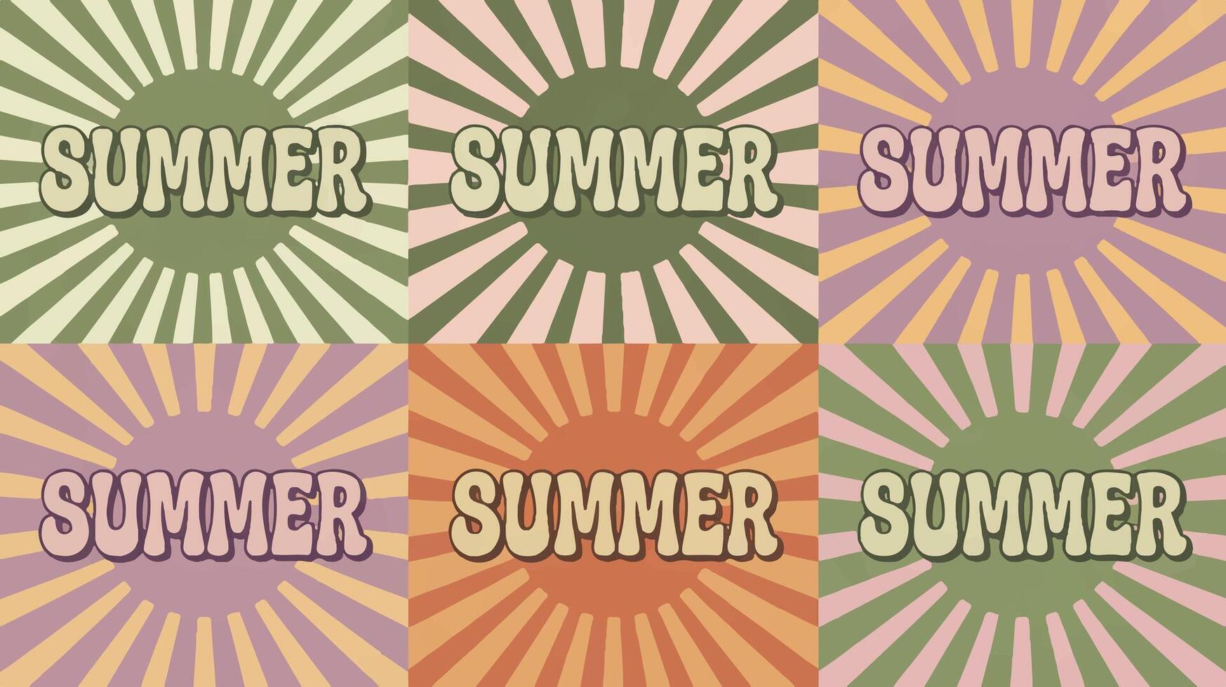 Retro Summer Vibes Six Sunny, Pastel-Colored Sunburst Designs Featuring Bold Summer Text - Professional digital artwork with vibrant colors and detailed composition vector