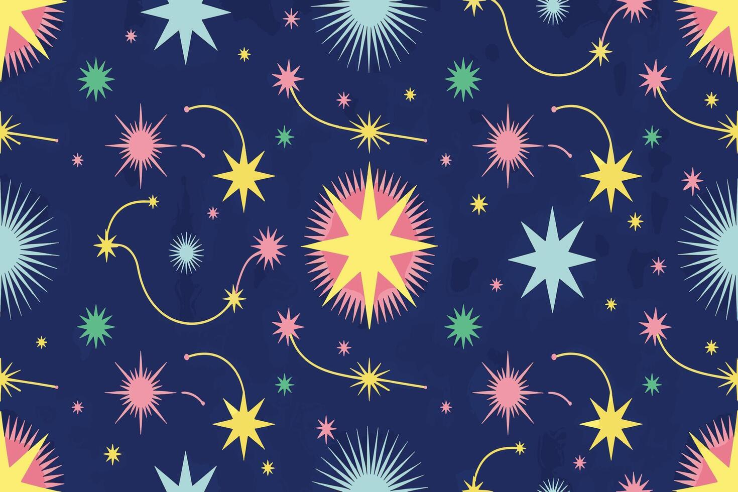 Colorful Starbursts and Swirls on Dark Blue Background vector