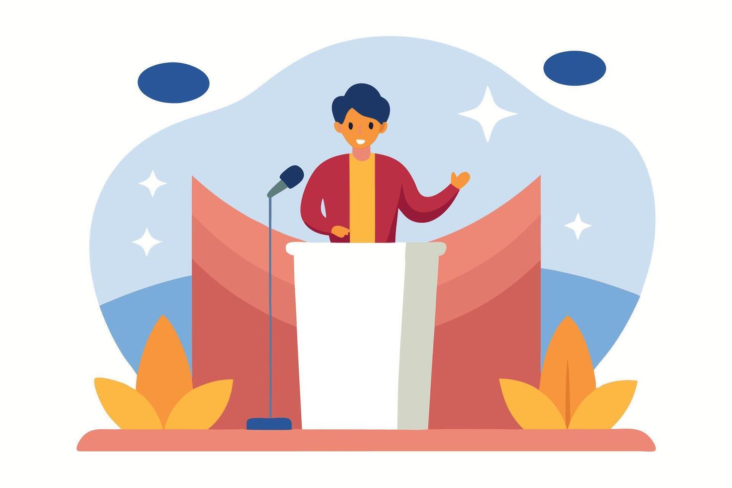 Smiling young man giving presentation, modern flat style, motivational speech, conference, positive mood, illustration. vector
