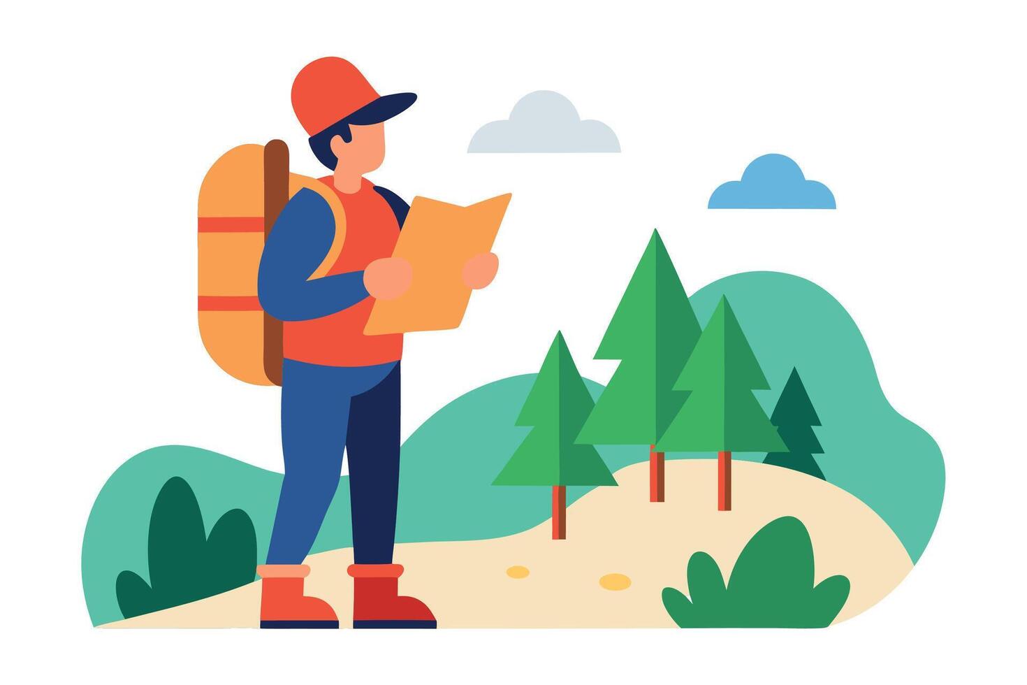 Happy male hiker with backpack studying map in a pine forest. vector