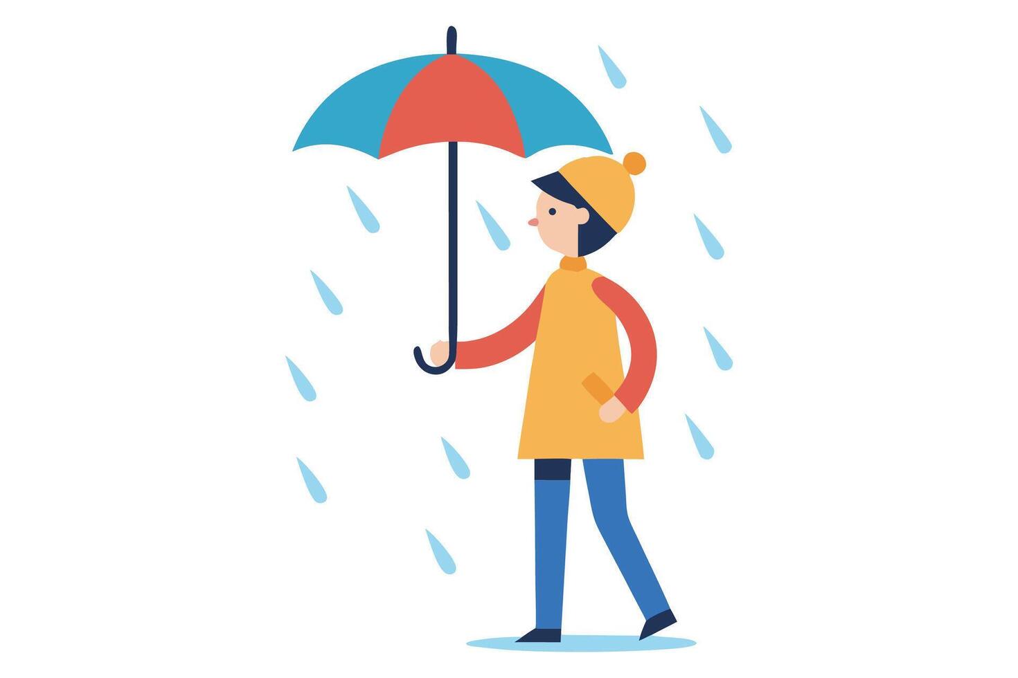 Child walking in rain with umbrella, flat design, cheerful mood, illustration. vector